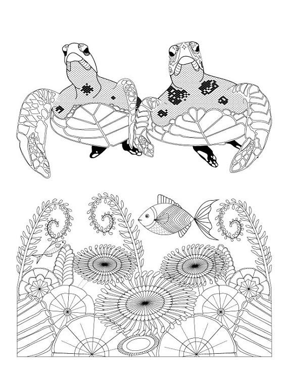 Sea Turtle Coloring Pages For Adults
 Sea Turtles and Ocean Flowers Coloring Page for Adults