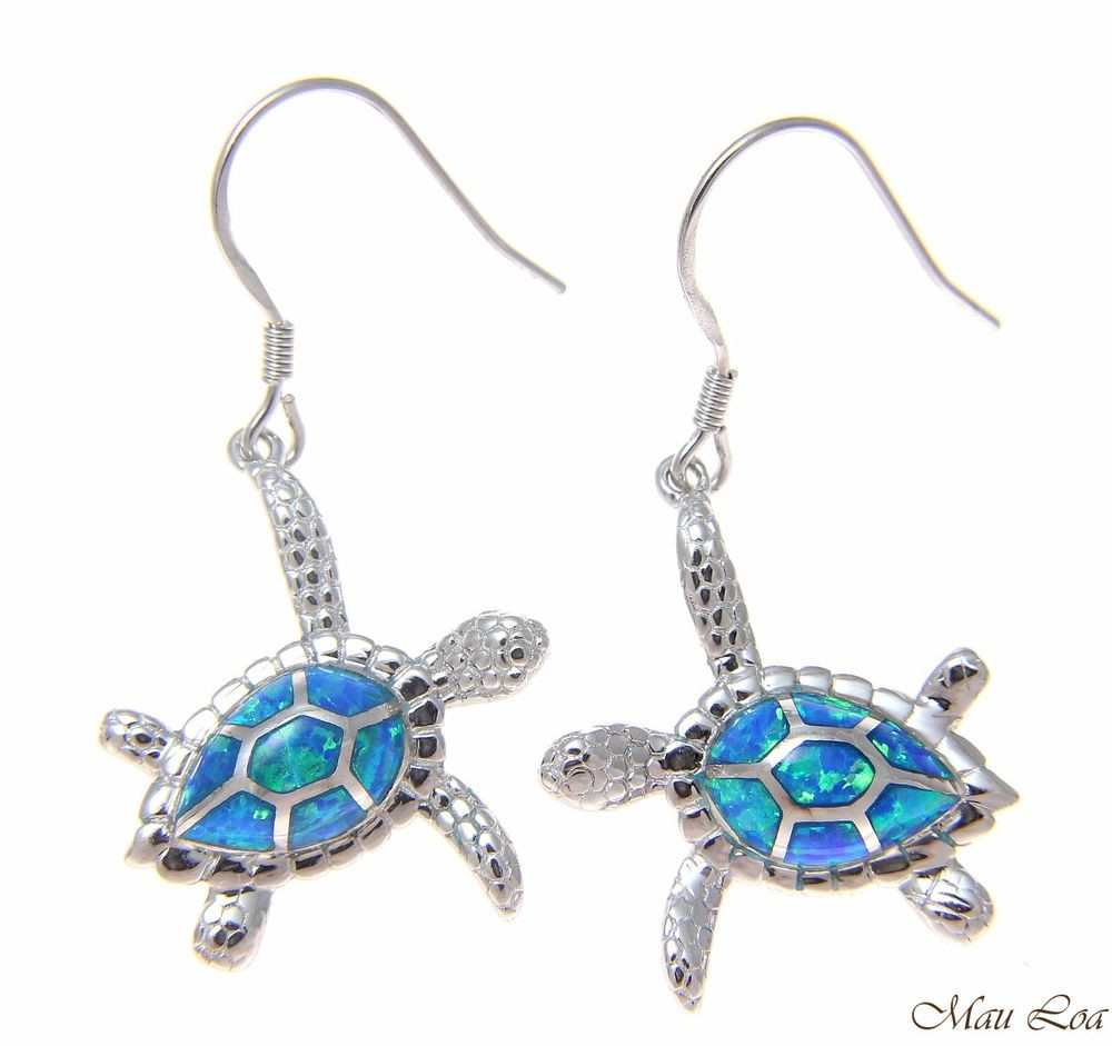 Sea Turtle Earrings
 925 Sterling Silver Rhodium Hawaiian Honu Sea Turtle Opal