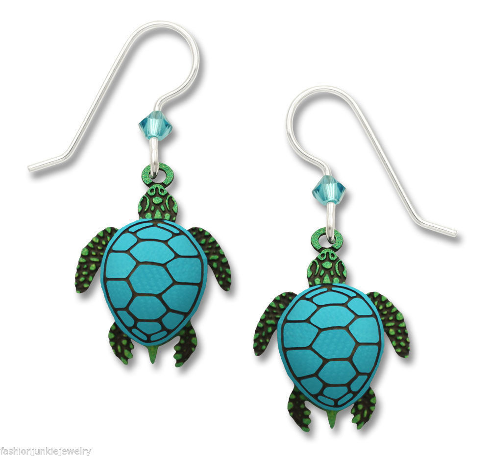 Sea Turtle Earrings
 Turtle Earrings 925 Sterling Silver Ear Wires Teal Sea