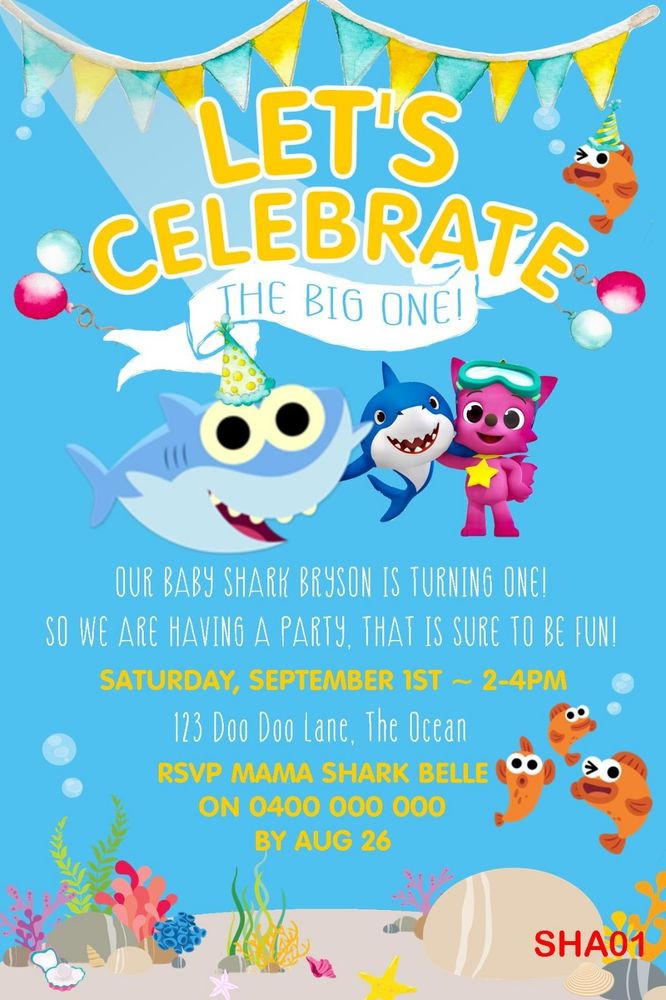 Shark Birthday Party Invitations
 Personalised Baby Shark Birthday Invitation DO