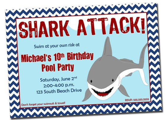 Shark Birthday Party Invitations
 Items similar to Pool Party Shark Birthday Invitation