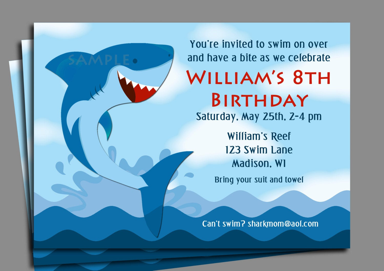 Shark Birthday Party Invitations
 Shark Invitation Printable or Printed with FREE SHIPPING