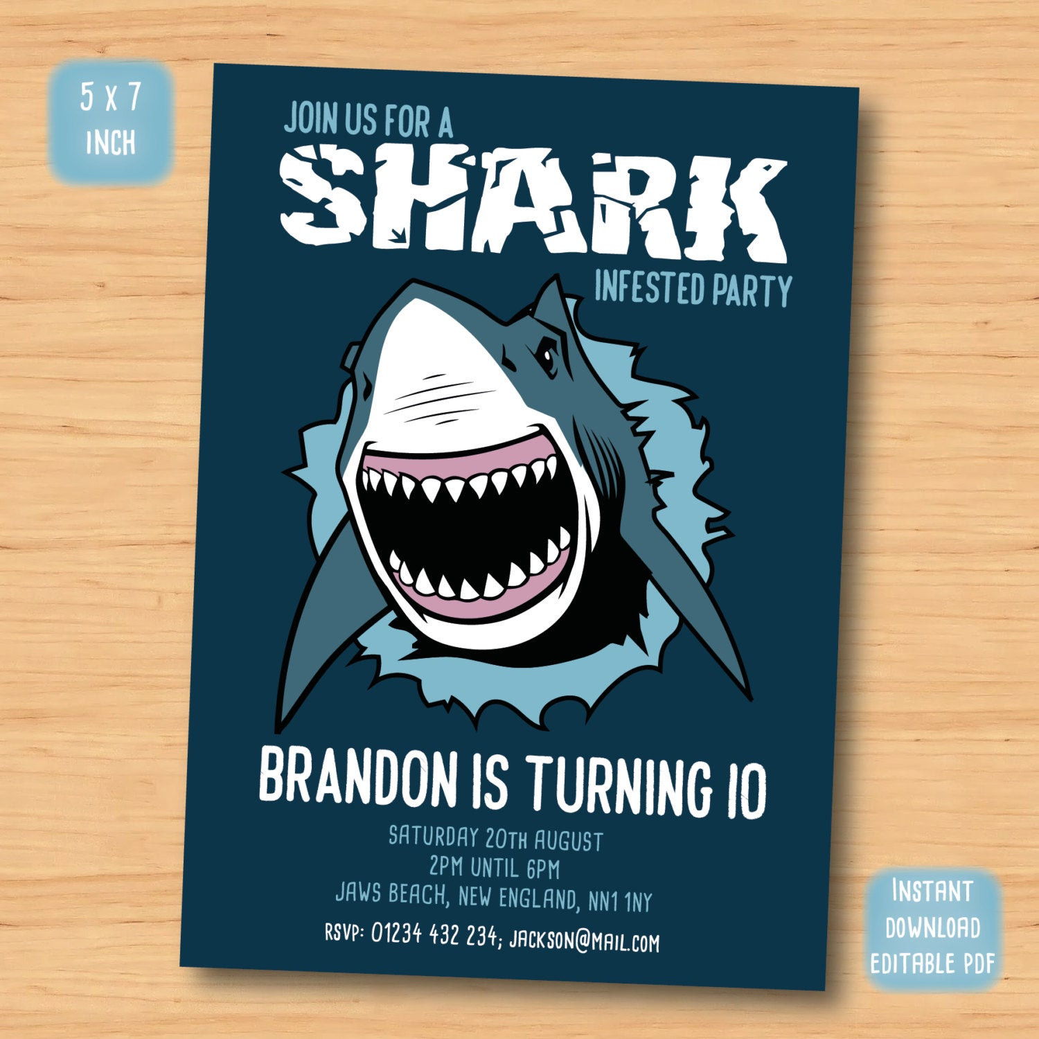 Shark Birthday Party Invitations
 Shark birthday invitation SELF EDITABLE PDF 5 x 7 inch