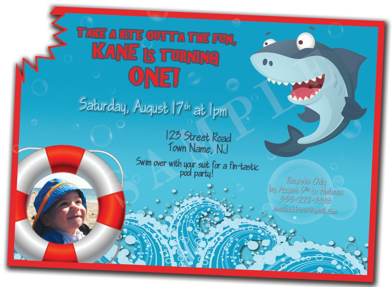 Shark Birthday Party Invitations
 Shark Bite 1st Birthday Invitation by KenzieKaneDesigns on