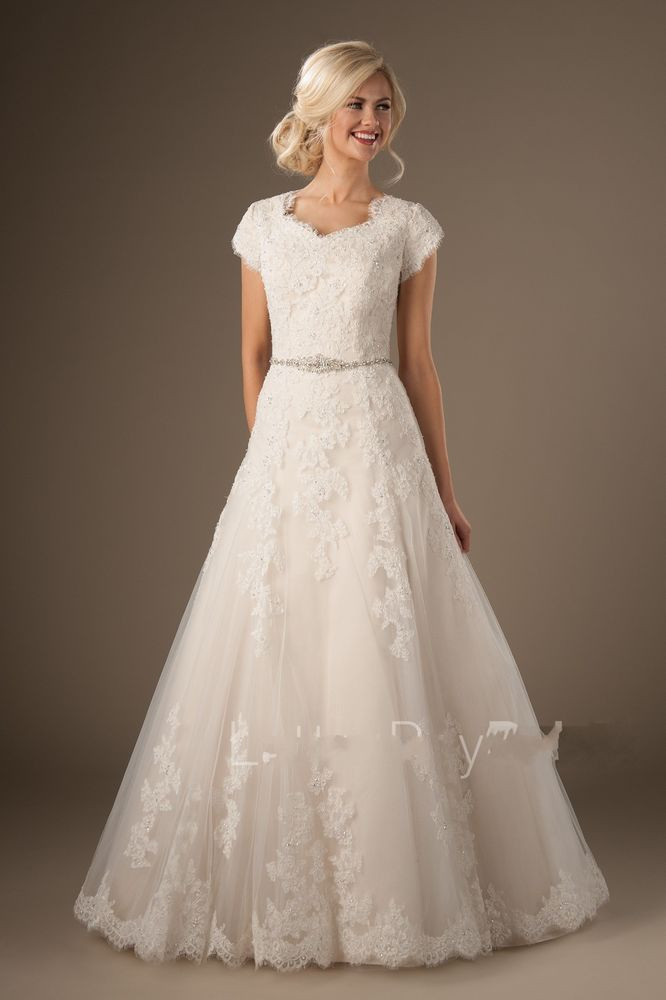 Short Sleeve Wedding Gown
 Modest Lace Short Sleeve Wedding Dress Garden Bridal Gown