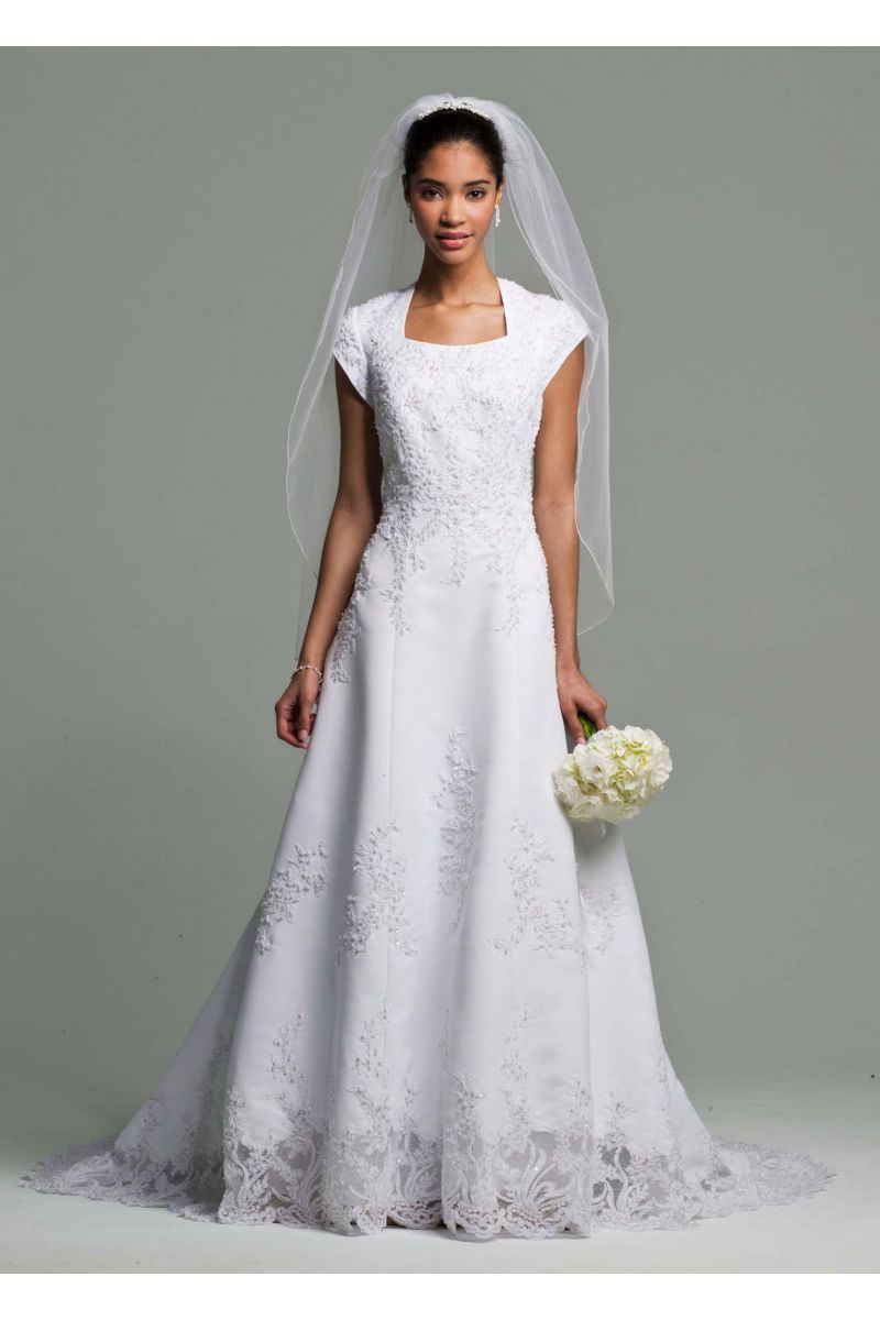Short Sleeve Wedding Gown
 Short Sleeve Satin Gown with Beaded Lace Style SLV9453