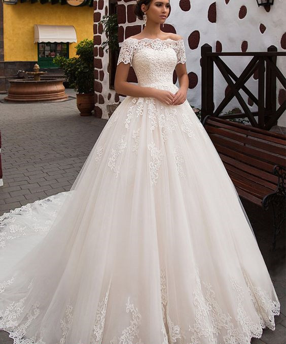 Short Sleeve Wedding Gown
 Elegant f the Shoulder Short Sleeves Ball Gown Lace