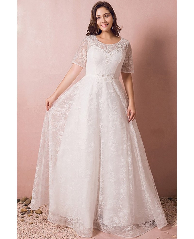 Short Sleeve Wedding Gown
 Modest Lace Short Sleeve Plus Size Wedding Dress With