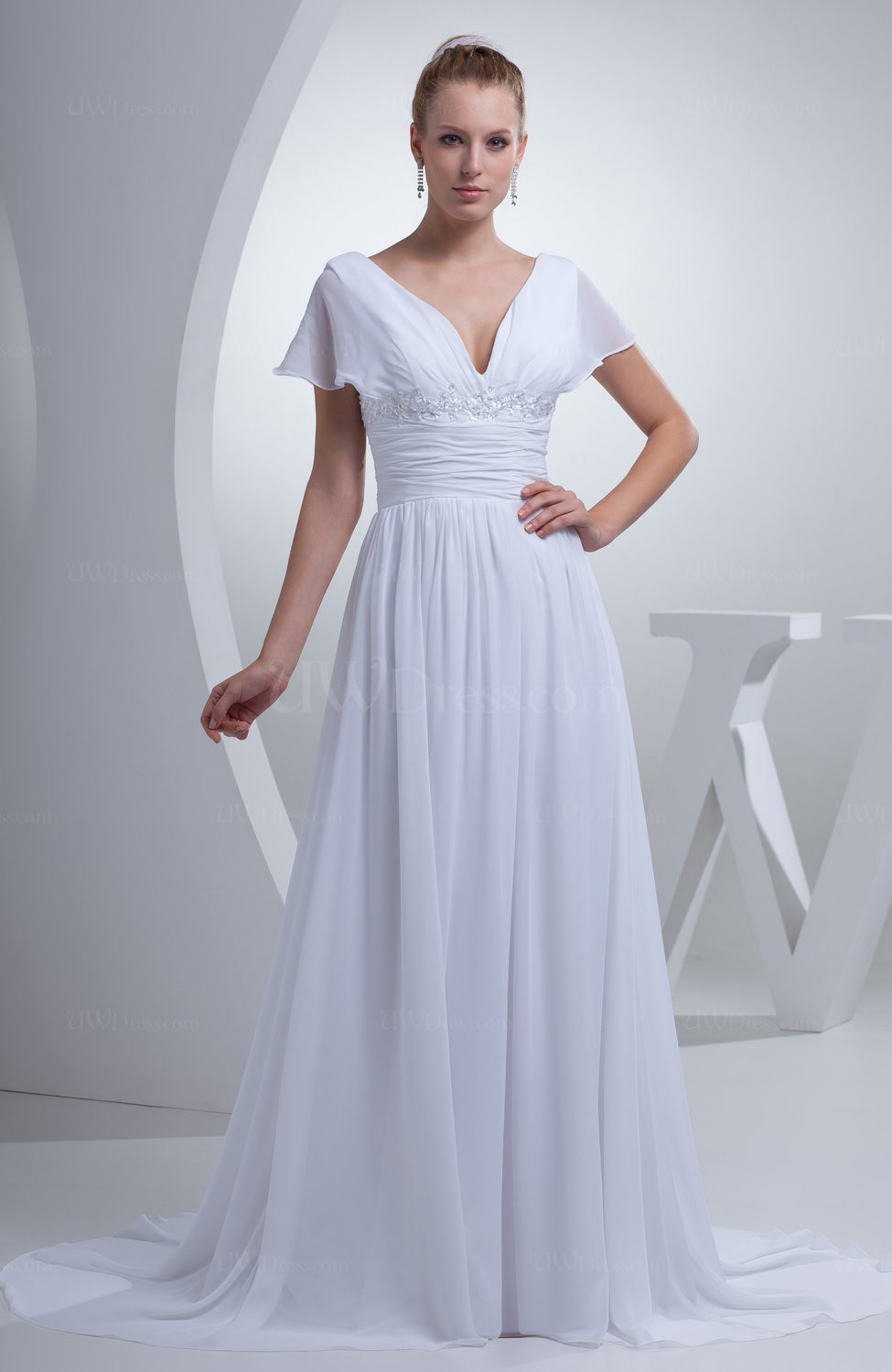 Short Sleeve Wedding Gown
 White Plain Hall A line V neck Short Sleeve Chiffon Court