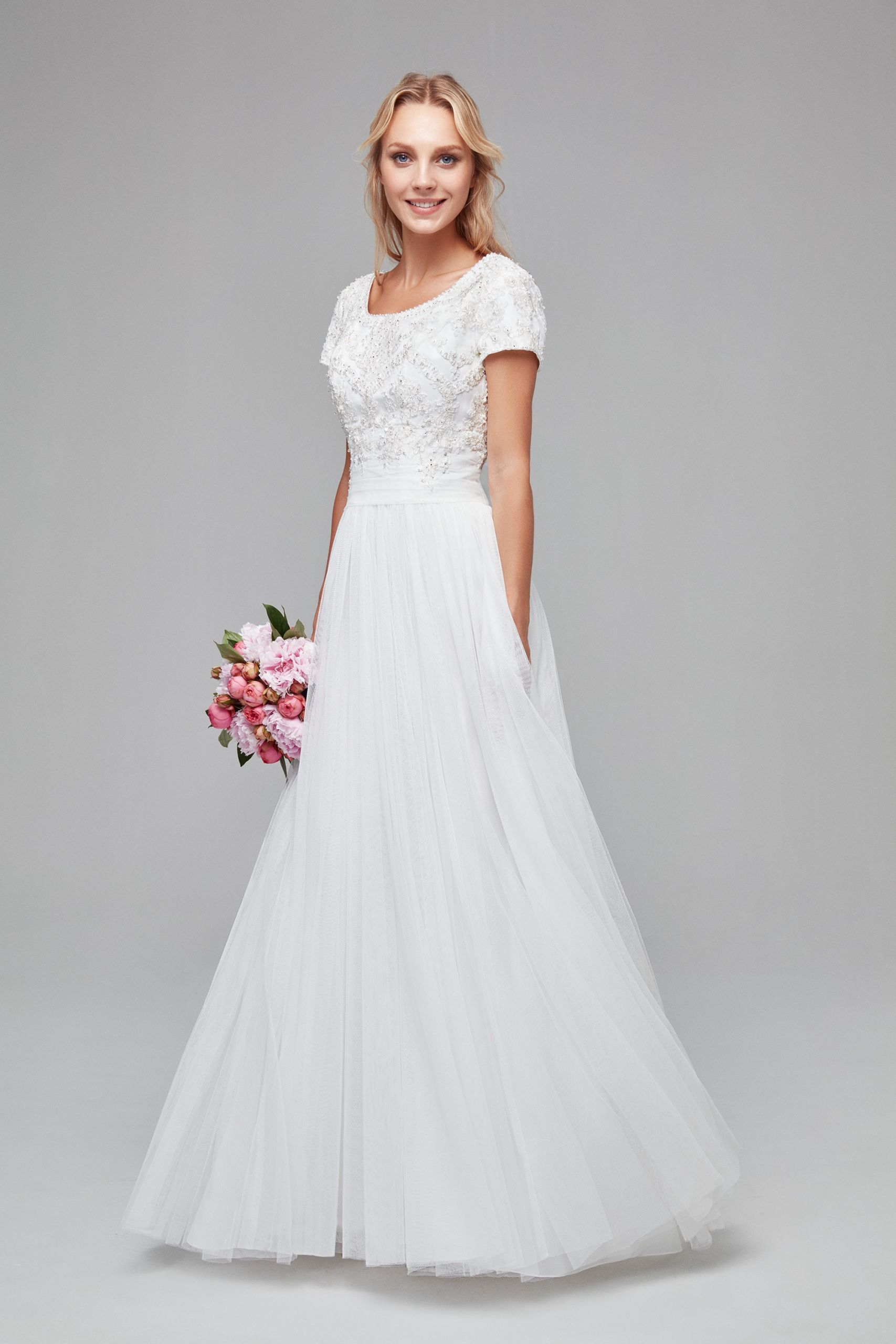 Short Sleeve Wedding Gown
 Modest Short Sleeve Petite A Line Wedding Dress Style