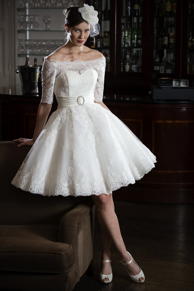 Short Wedding Dresses Vintage
 Gia tea lengh lace short off shoulder wedding dress
