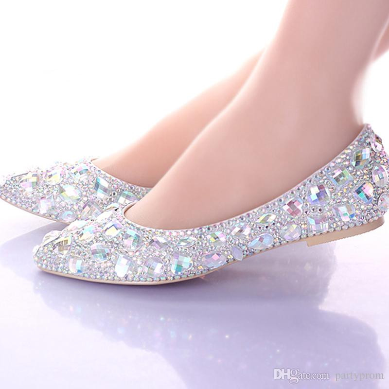 Silver Flat Shoes For Wedding
 Flat Heels Pointed Toe Ab Crystal Wedding Shoes Silver