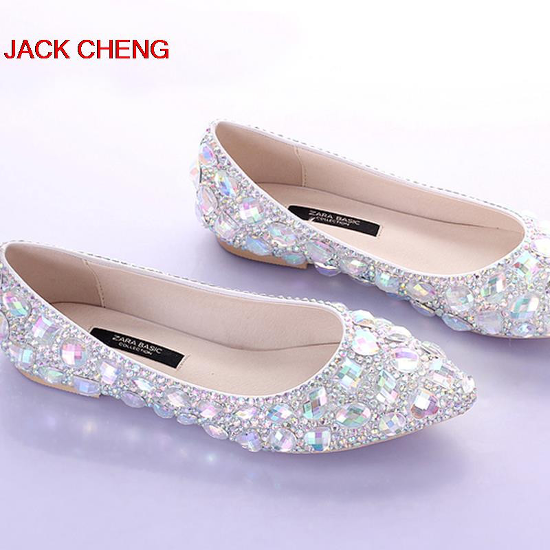 Silver Flat Shoes For Wedding
 Silver Crystal Flat Heels Wedding Shoes Pointed Toe Bridal