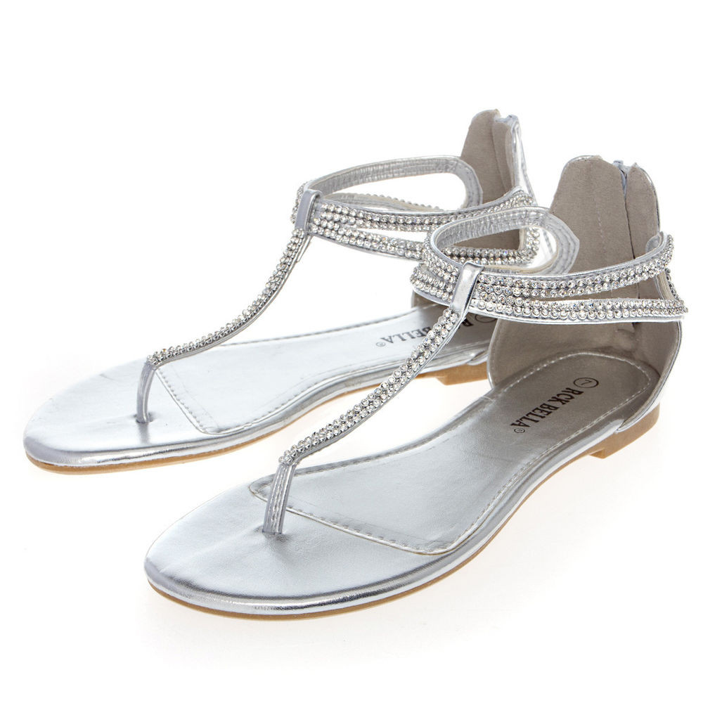 Silver Flat Shoes For Wedding
 Women Silver Open Toe Rhinestone Thong Gladiator Flat