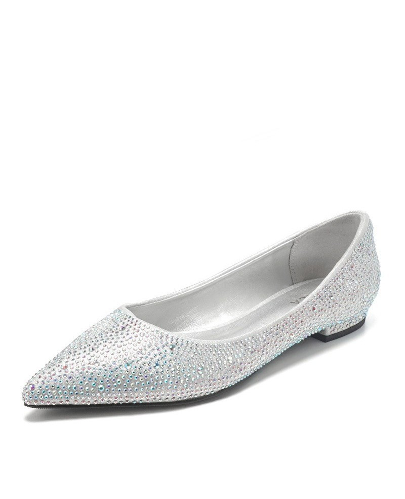Silver Flat Shoes For Wedding
 fy Sparkly Silver Flat Bridal Shoes With Pointed Toe