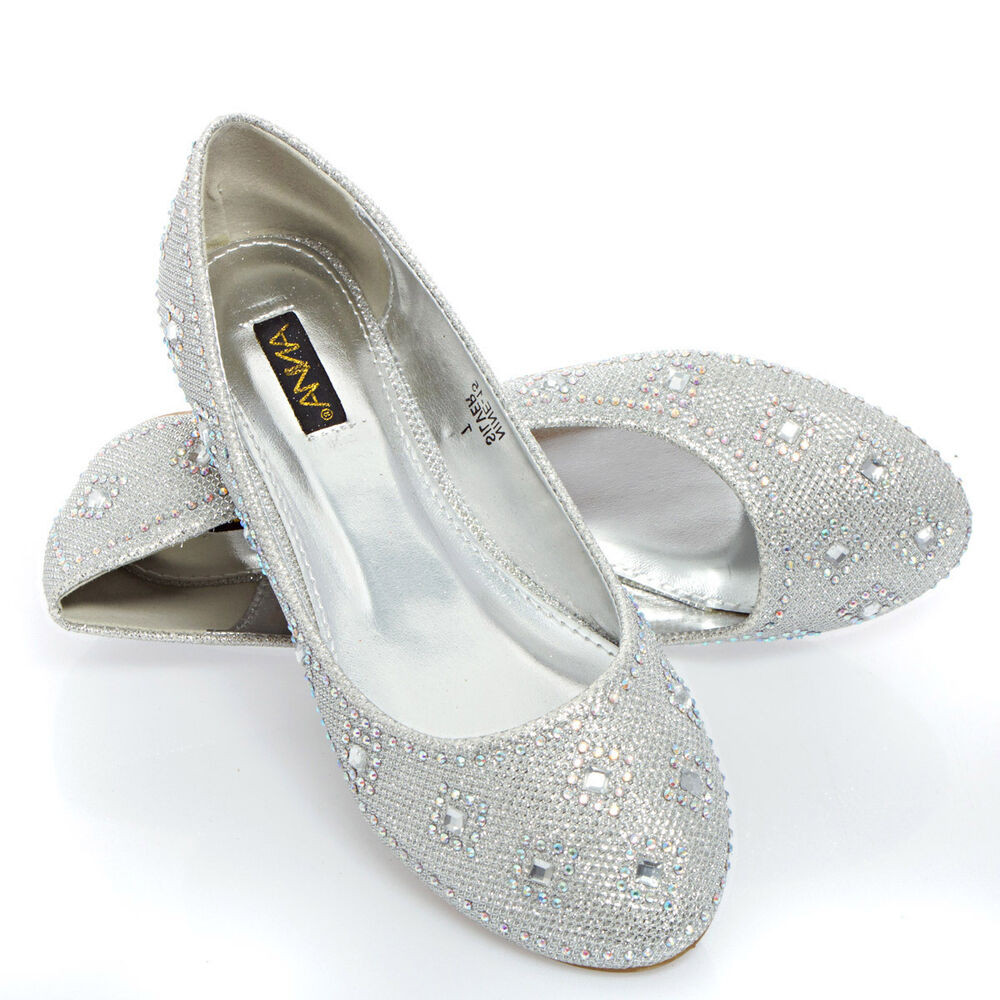 Silver Flat Shoes For Wedding
 Womens Silver Wedding Bridal Prom Glitter Rhinestone