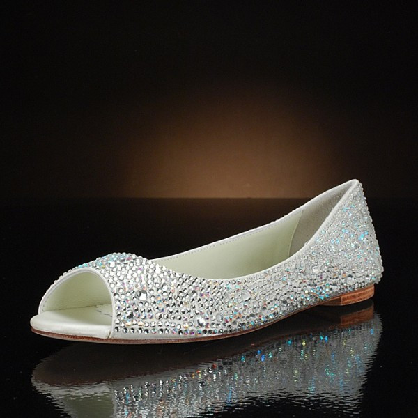 Silver Flat Shoes For Wedding
 Silver Flat Wedding Shoes Peep Toe Rhinestone Hotfix