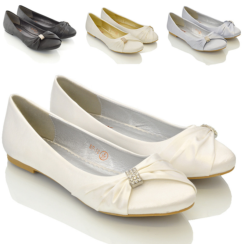 Silver Flat Shoes For Wedding
 WOMENS BRIDAL WEDDING SATIN PUMPS LADIES SLIP ON PROM