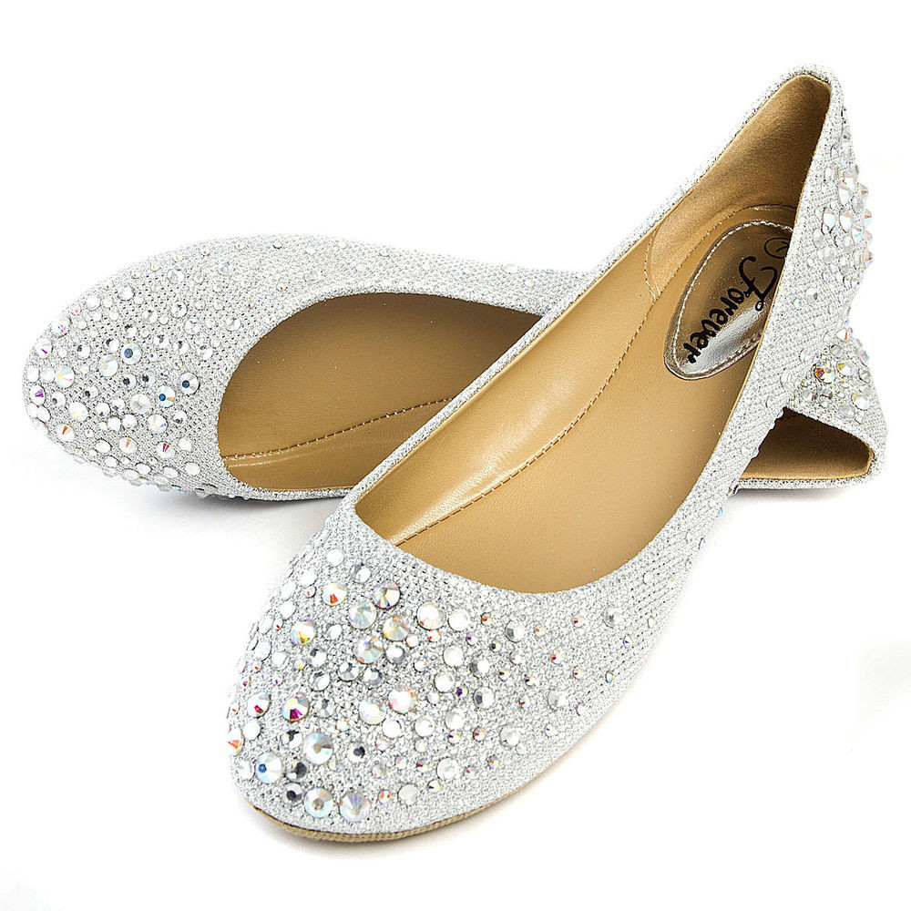 Silver Flat Shoes For Wedding
 Silver Round Toe Rhinestone Crystal Bridal Wedding