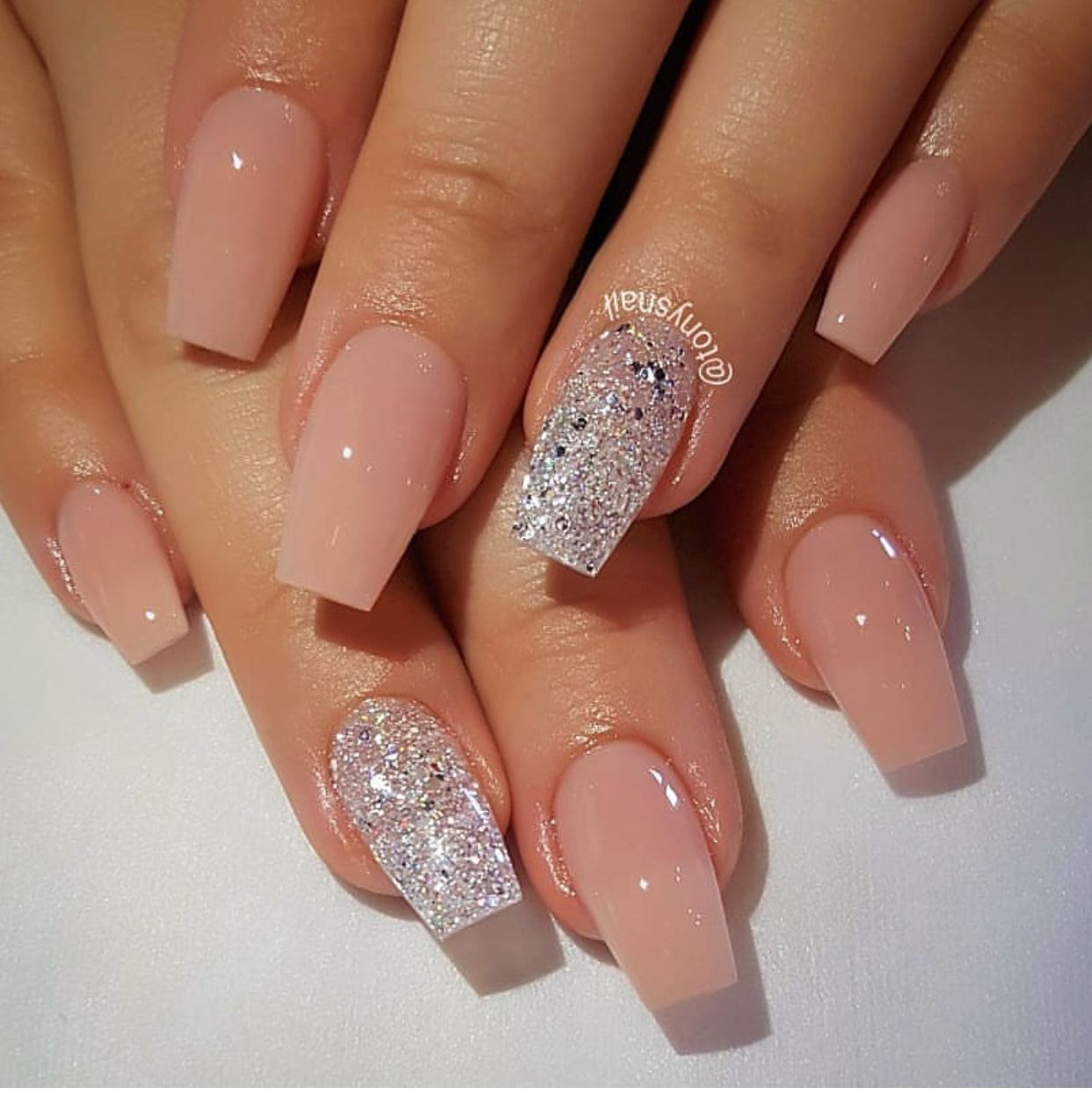 Silver Glitter Acrylic Nails
 Nail art pink and silver glitter nails in 2019