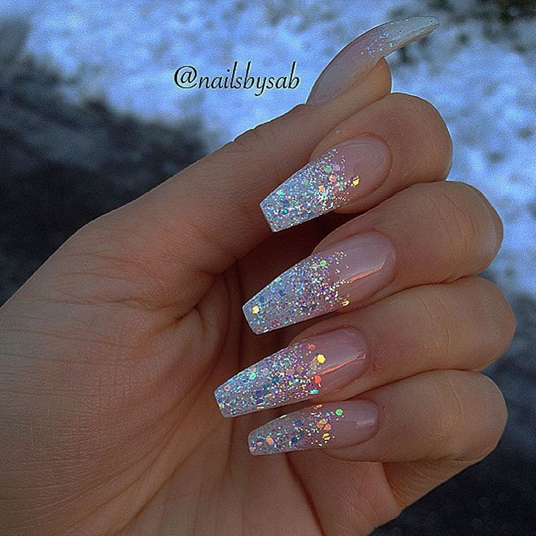 Silver Glitter Tip Nails
 Holo glitter tip long coffin nails by nailsbysab