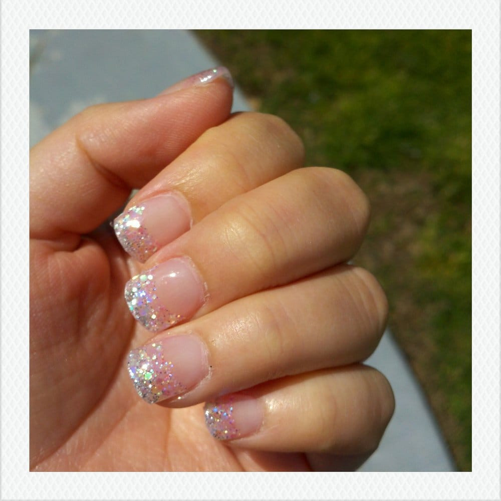 Silver Glitter Tip Nails
 glitter tip very light pink on the bottom silver on the