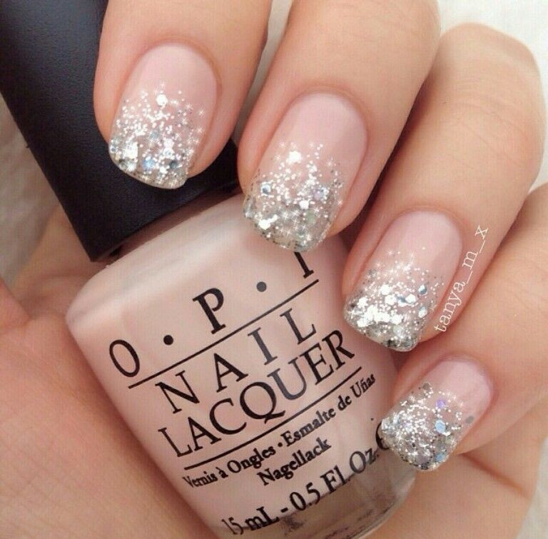 Silver Glitter Tip Nails
 Light pink silver glitter ombre nail art