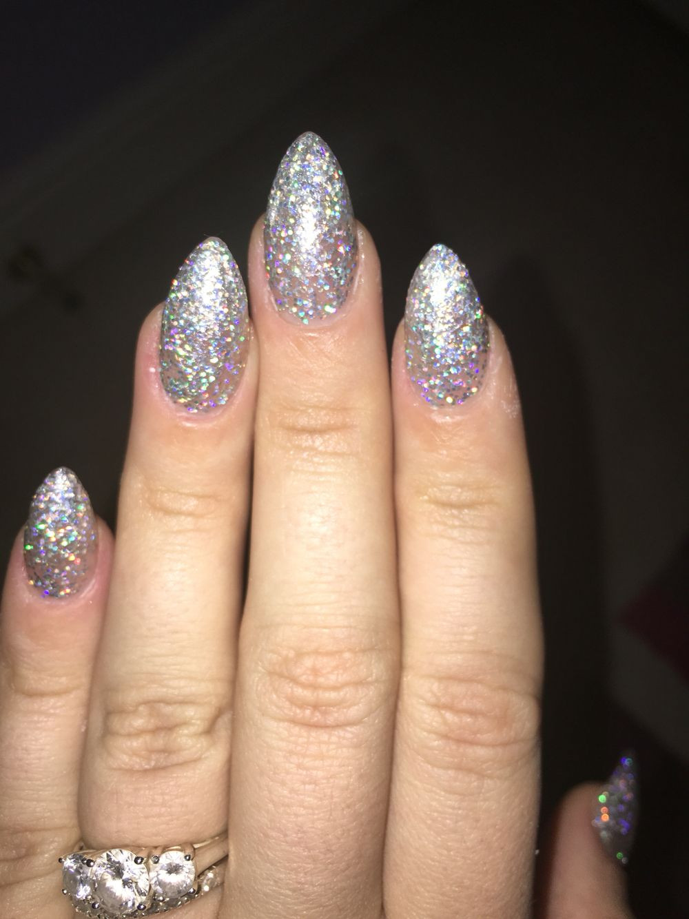 Silver Glitter Tip Nails
 Silver glitter almond stiletto nsi acrylic nails in 2019