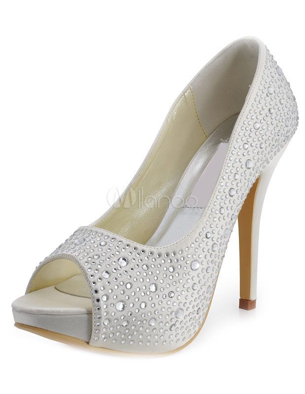 Silver Peep Toe Wedding Shoes
 Silver Peep Toe Beading Satin Bridal Wedding Shoes