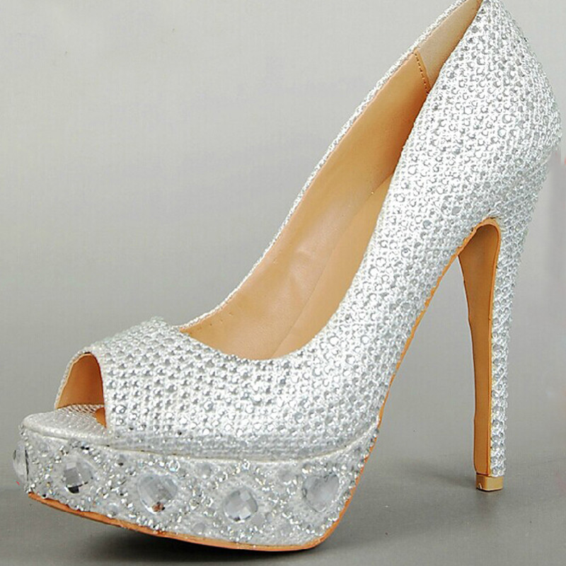 Silver Peep Toe Wedding Shoes
 Silver Peep Toe Gem Diamond Wedding Shoes Bridal Shoes