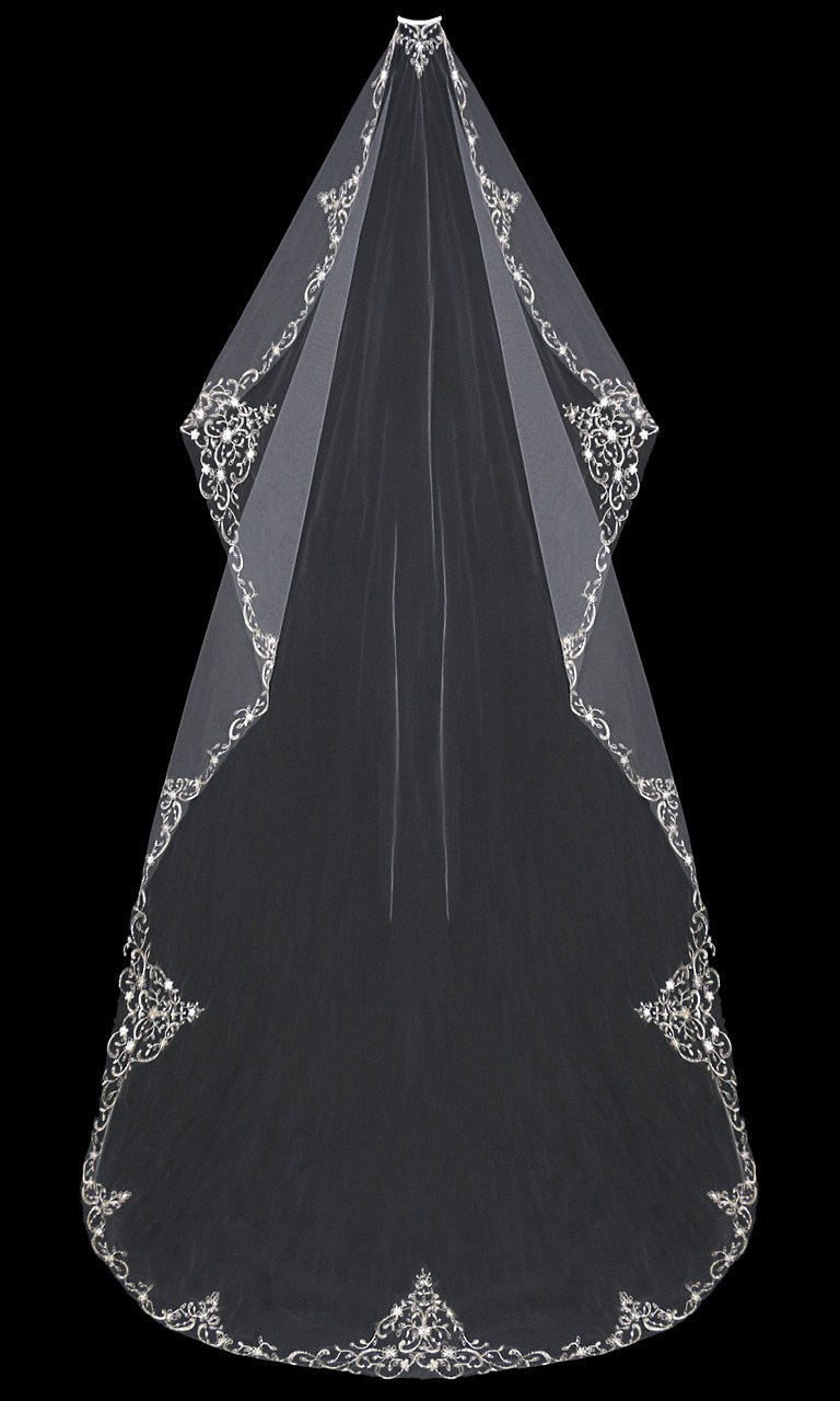 Silver Wedding Veil
 Mantilla Bridal Veil with Silver Embroidery Sequins and