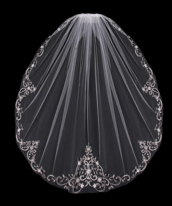 Silver Wedding Veil
 Fingertip Length Wedding Veil with Beaded Silver