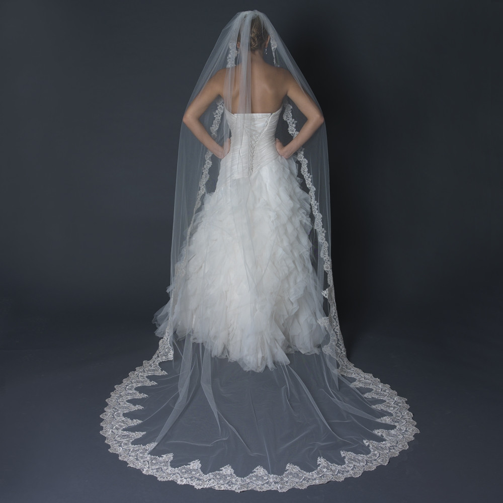 Silver Wedding Veil
 Silver Lace with Roses Cathedral Wedding Veil