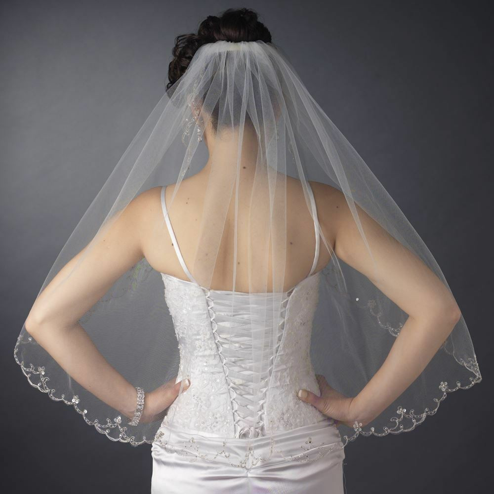 Silver Wedding Veil
 Ivory Elbow Length Bridal Wedding Veil with Beaded Silver