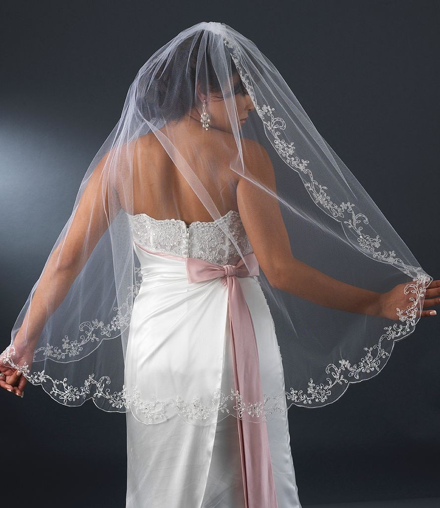 Silver Wedding Veil
 SILVER EMBROIDERY WHITE ELBOW LENGTH BRIDAL WEDDING VEIL