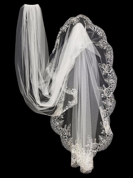 Silver Wedding Veil
 Cathedral Bridal Veil with Silver Embroidered Botanical