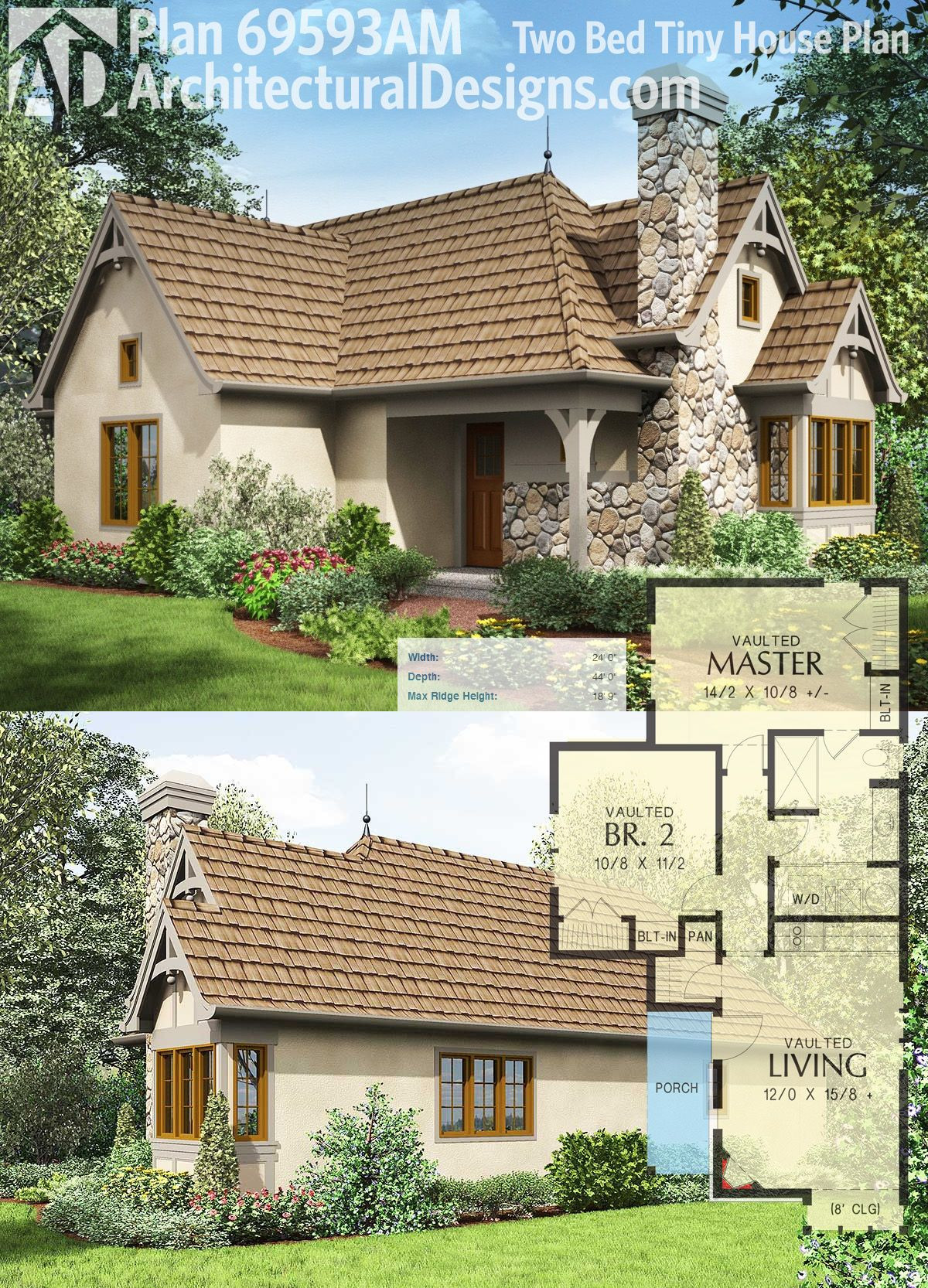 Small 2 Bedroom House
 Plan AM 2 Bed Tiny Cottage House Plan