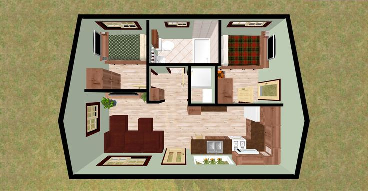 Small 2 Bedroom House
 cozyhomeplans 432 sq ft Small House "Firefly" 3D Top