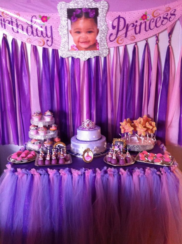 Sofia The First Birthday Party Decorations
 Sofia the First dessert table DIY table cloth backdrop