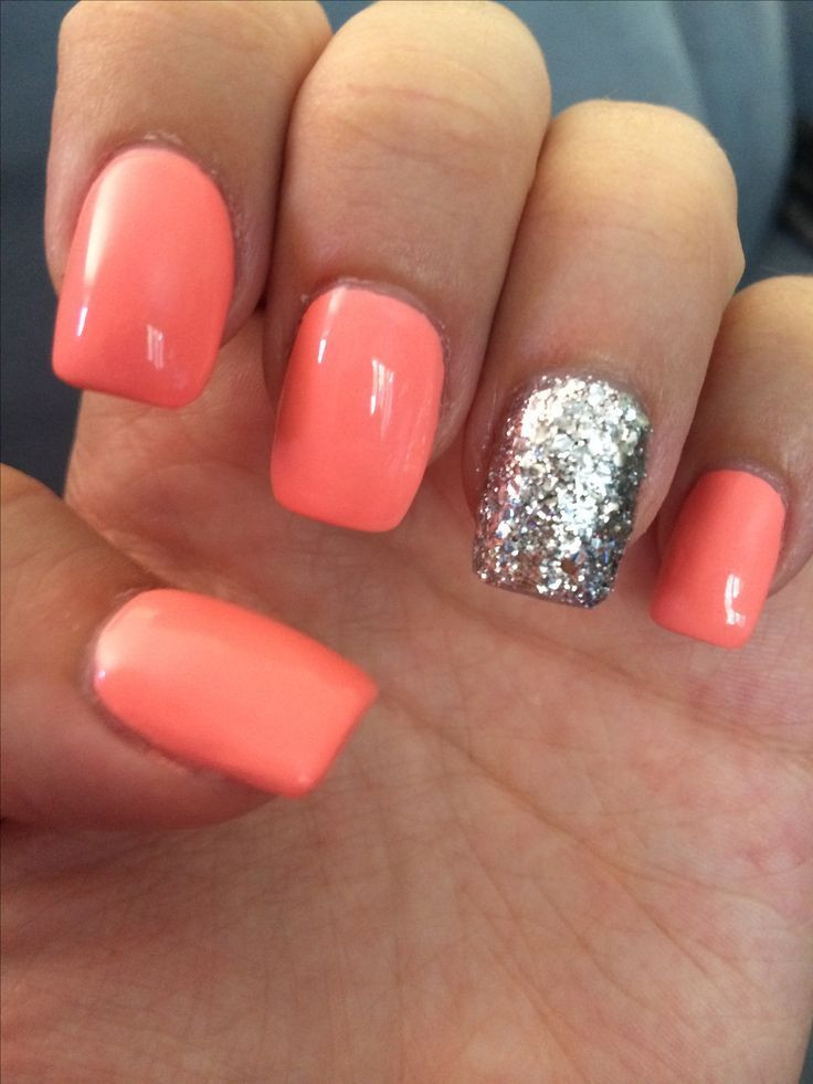 Square Nail Colors
 Coral and silver sparkle square tip acrylic nails