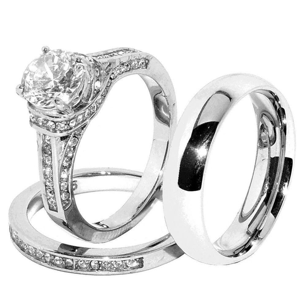Stainless Steel Wedding Ring Sets
 3 PCS Hers Luxury Round CZ Stainless Steel Wedding RING