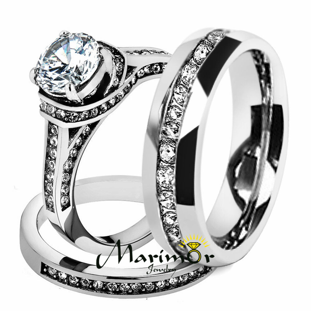 Stainless Steel Wedding Ring Sets
 Hers & His Stainless Steel 3 Piece Cz Wedding Ring Set and