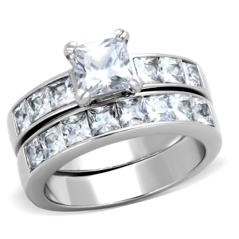 Stainless Steel Wedding Ring Sets
 1 4ct Princess Cut Clear CZ Silver Stainless Steel La s