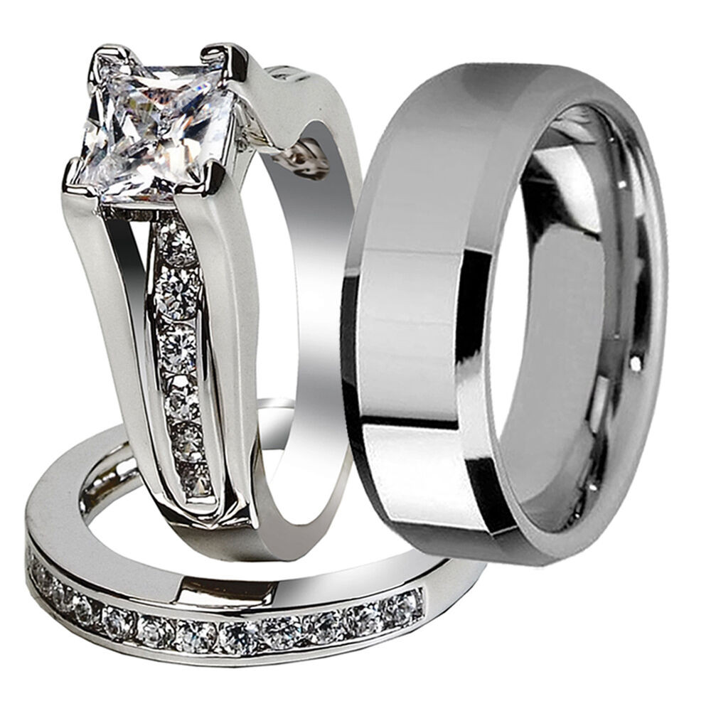 Stainless Steel Wedding Ring Sets
 Nice 3 Pcs Her & His Stainless Steel Couple Wedding