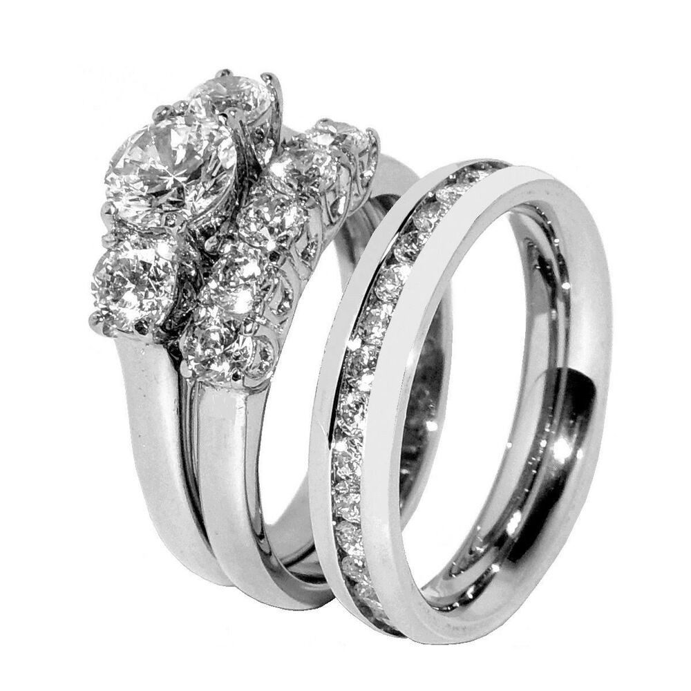 Stainless Steel Wedding Ring Sets
 His Hers 3 PCS Stainless Steel Womens Wedding Ring Set and