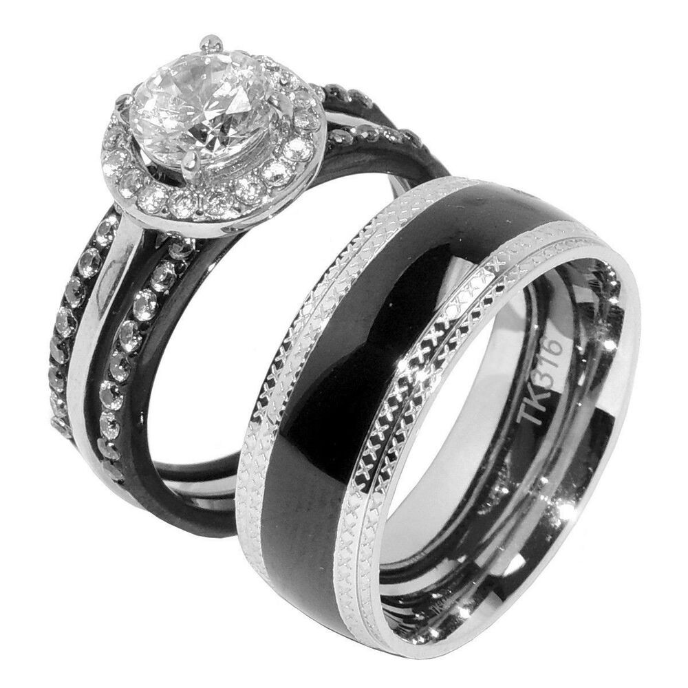 Stainless Steel Wedding Ring Sets
 4 PCS Couple Rings Women Stainless Steel CZ Wedding Ring