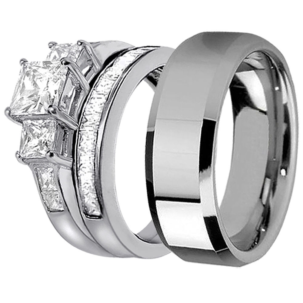 Stainless Steel Wedding Ring Sets
 Hers Bridal Sterling Silver His Stainless Steel Engagement