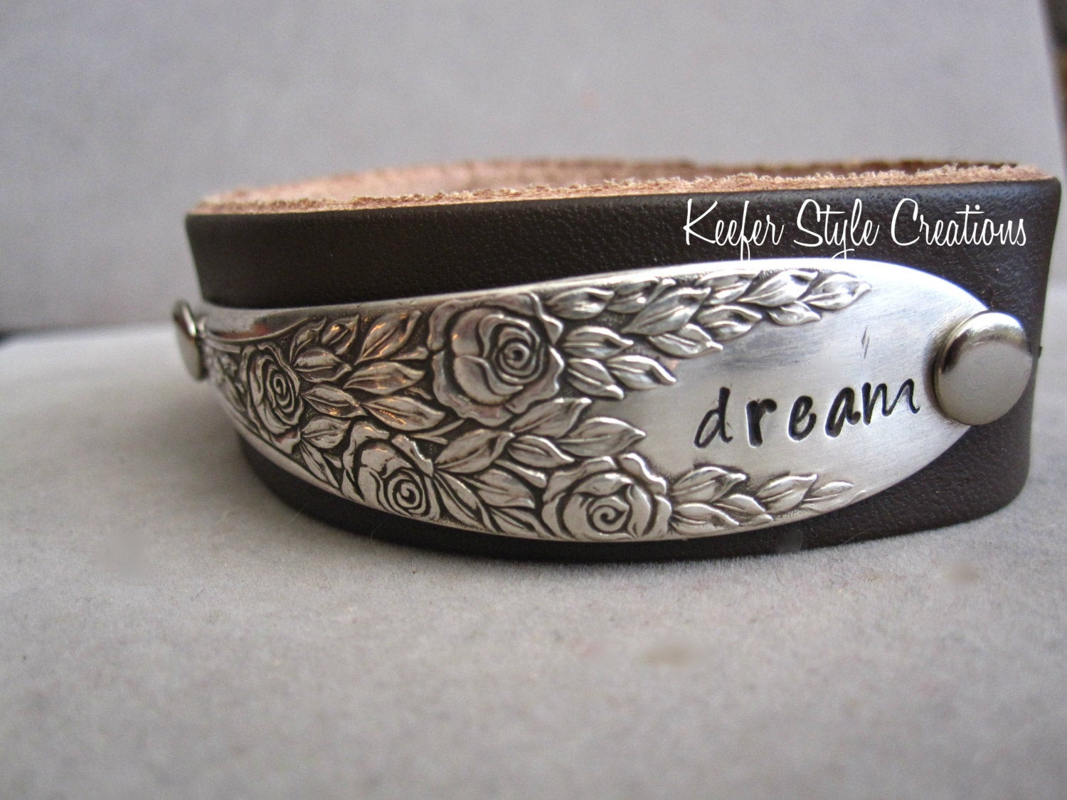Stamped Leather Bracelet
 Spoon Hand Stamped Dream Leather Cuff Bracelet