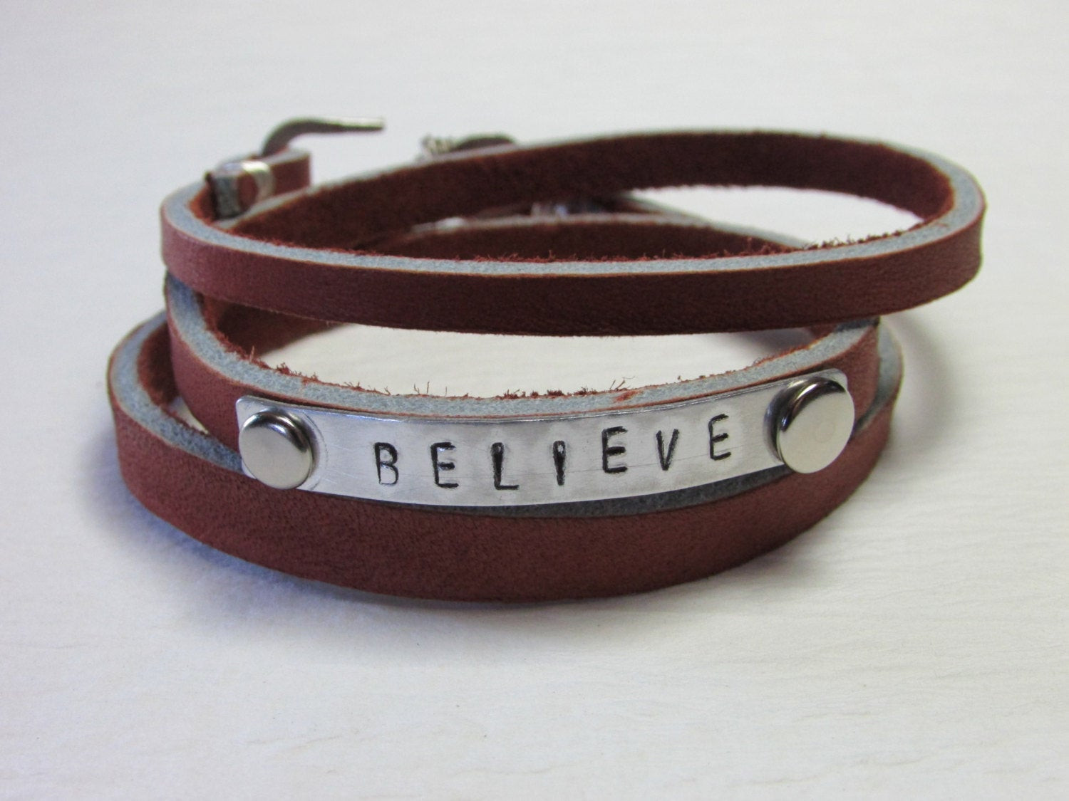 Stamped Leather Bracelet
 BELIEVE Stamped Leather Wrap Bracelet