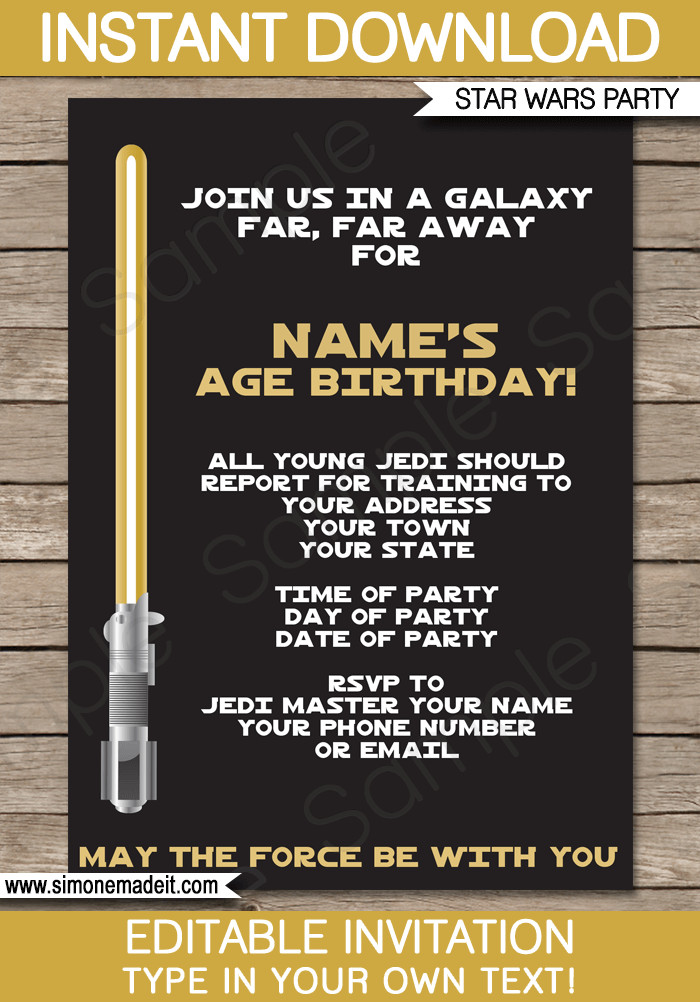 Star Wars Birthday Party Invitations
 Gold Star Wars Invitations Editable Template